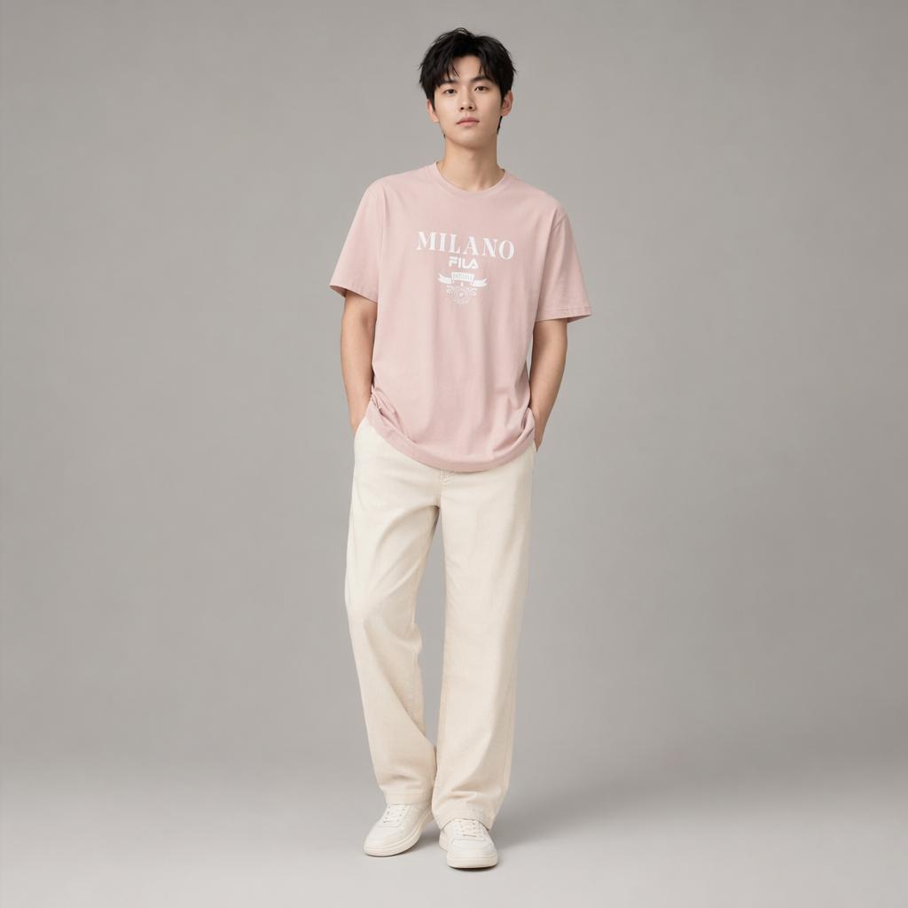 Fila Milano Series American Fashion Knit Short Sleeve T-Shirt Men Tops Nude-Pink F11M515102FPK