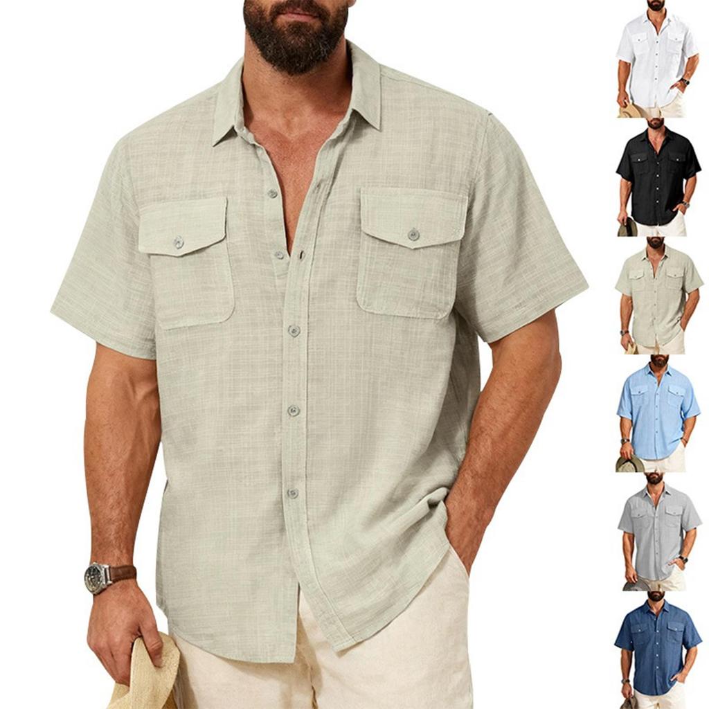 Men's Short Sleeve Linen Work Shirt - Lightweight Breathable, Two Pockets, Collar, Relaxed Fit