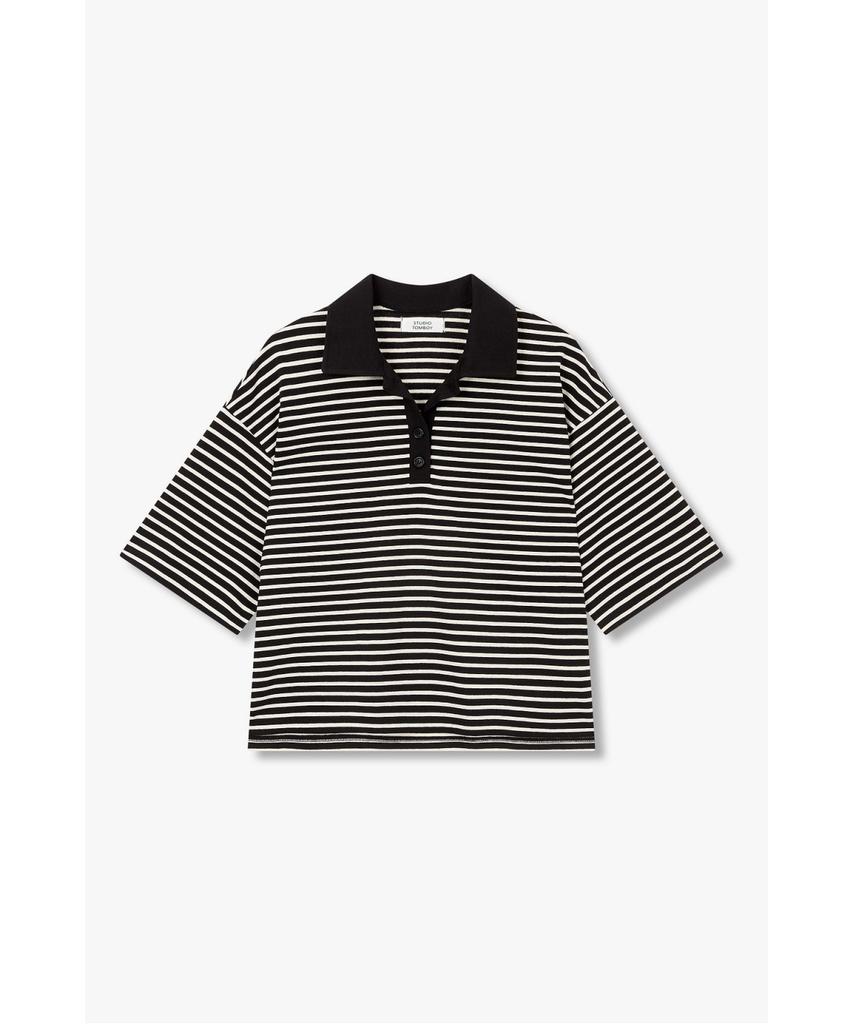 STUDIO TOMBOY Striped Semi-Crop Collar Short Sleeve T-Shirt _Black 9176322999