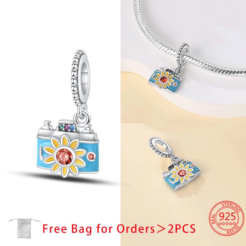 Original Copper Suitcase Pink Camera Plane Paris Tower Charms Beads Pendant Fit Diy Women Bracelet Jewelry Delicate Gifts