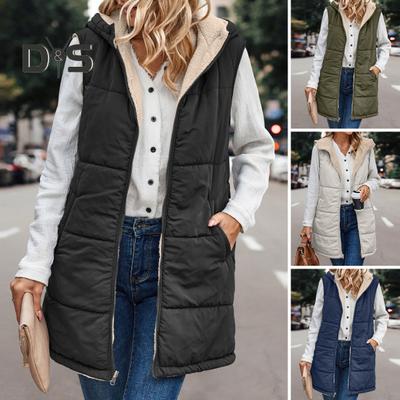 Women Fall Winter Reversible Vest Coat Hooded Sleeveless Fleece Lining Jacket Solid Color Mid Length Waistcoat Long Warm Outerwear