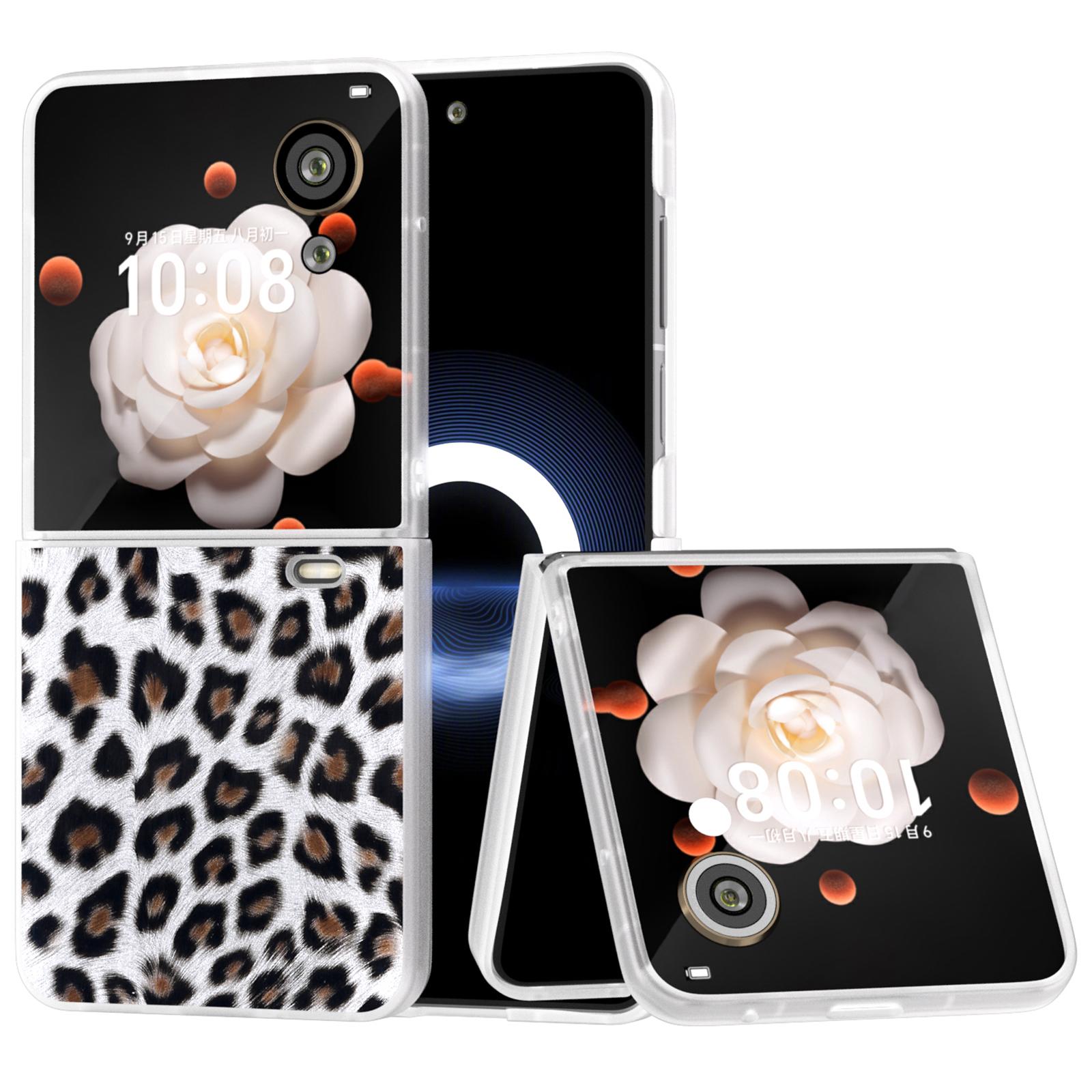 

For Honor Magic V Flip 5G Case Leopard Texture Leather+PC Phone Cover Matte Frame Silver