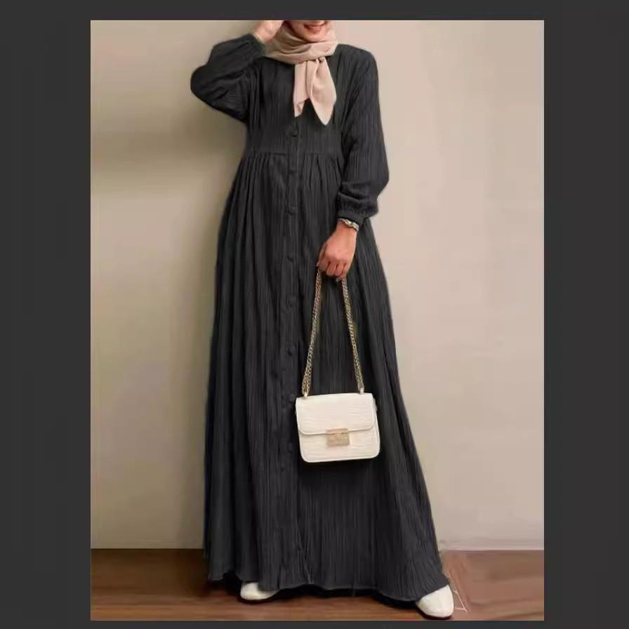 2024 Retro Puff Sleeve Dress: Elegant Solid Color Muslim Women's Clothing for Spring and Autumn