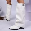 White Chunky Heel Knee Length Boots Women Plus Size 43 Slip On PU Leather Long Botas Mujer 2025 Fall Winter Shark Boots