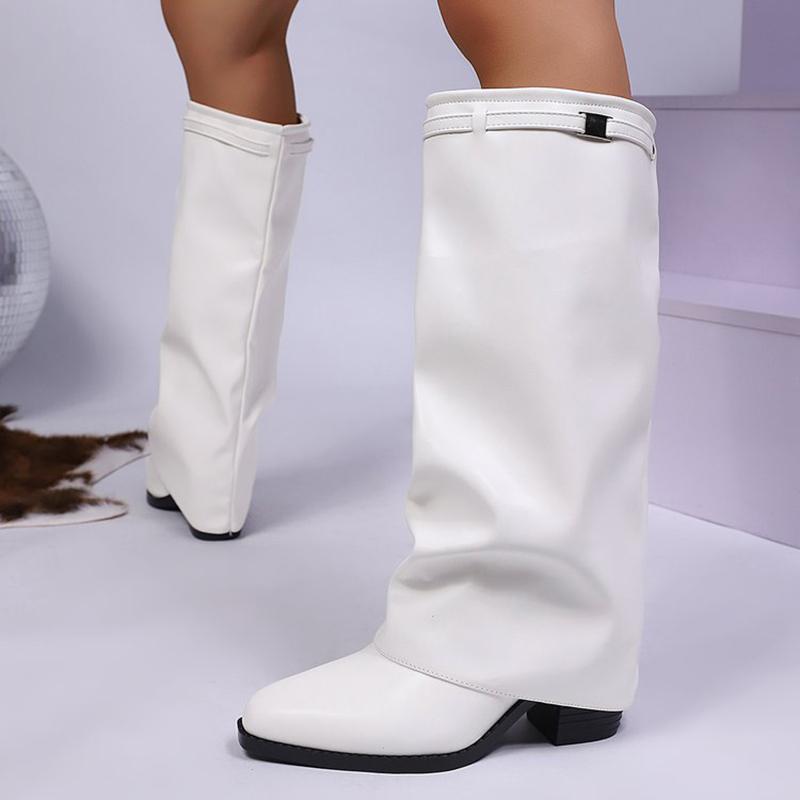 White Chunky Heel Knee Length Boots Women Plus Size 43 Slip On PU Leather Long Botas Mujer 2025 Fall Winter Shark Boots
