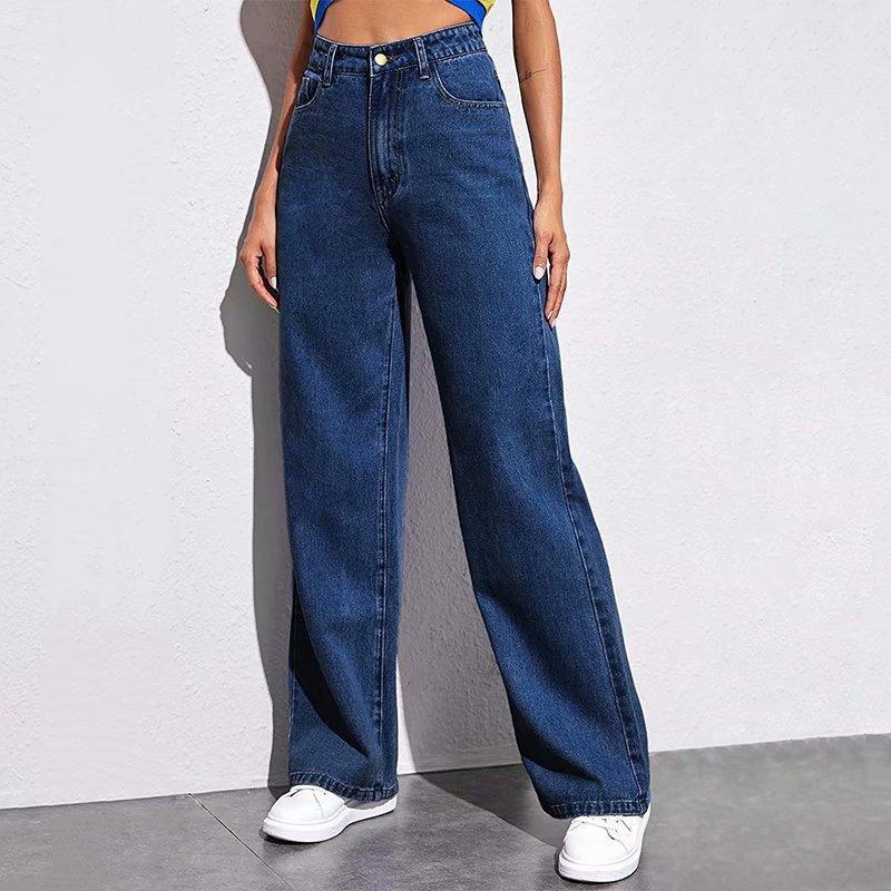 Pantaloni Denim a Vita Alta da Donna Jeans Elasticizzati a Gamba Larga con Tasche