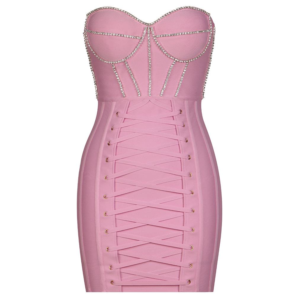 Pink Strapless Eyelet Lace-Up Knit Backless Bandage Dress