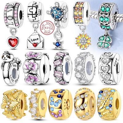 925 Silver Four Leaf Clover Zircon Charm Beads DIY Bracelet Spacer Jewelry Gift for Women