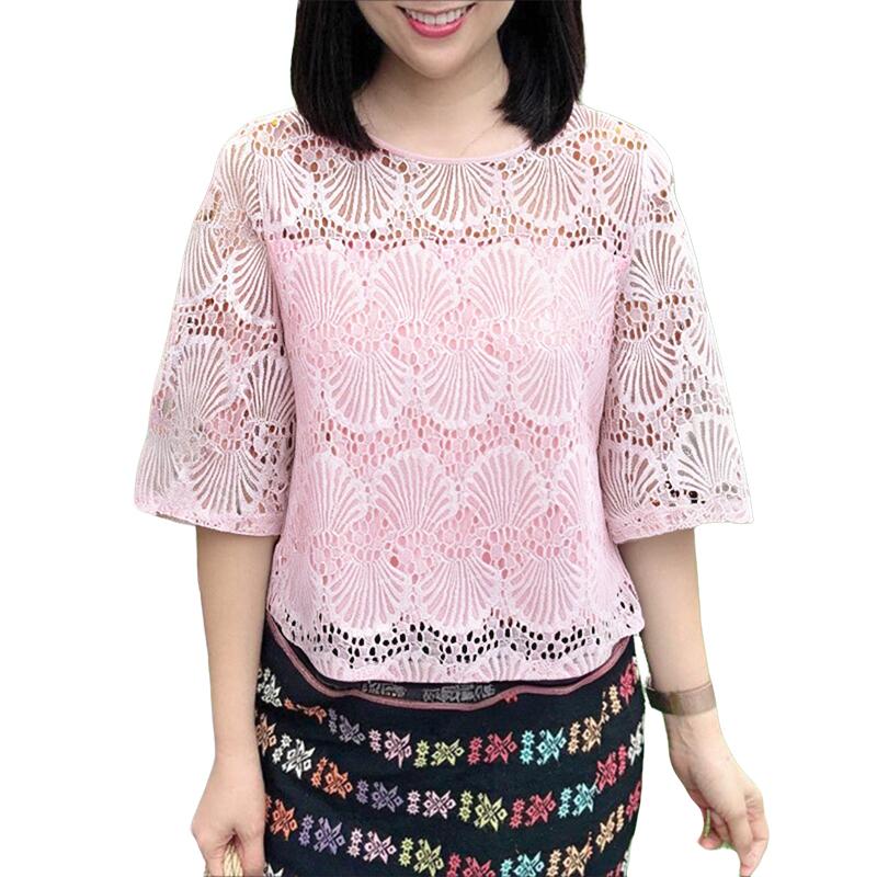 

ZANZEA Женская летняя блузка с круглым вырезом, рукавом до локтя и ажурной вставкой L розовый