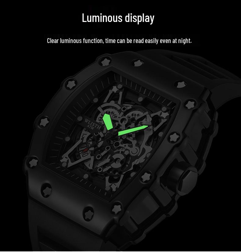 Swiss Brand Men's Sporty Mechanical Watch - Hollowed Large Dial, Luminous, Ideal for Students.