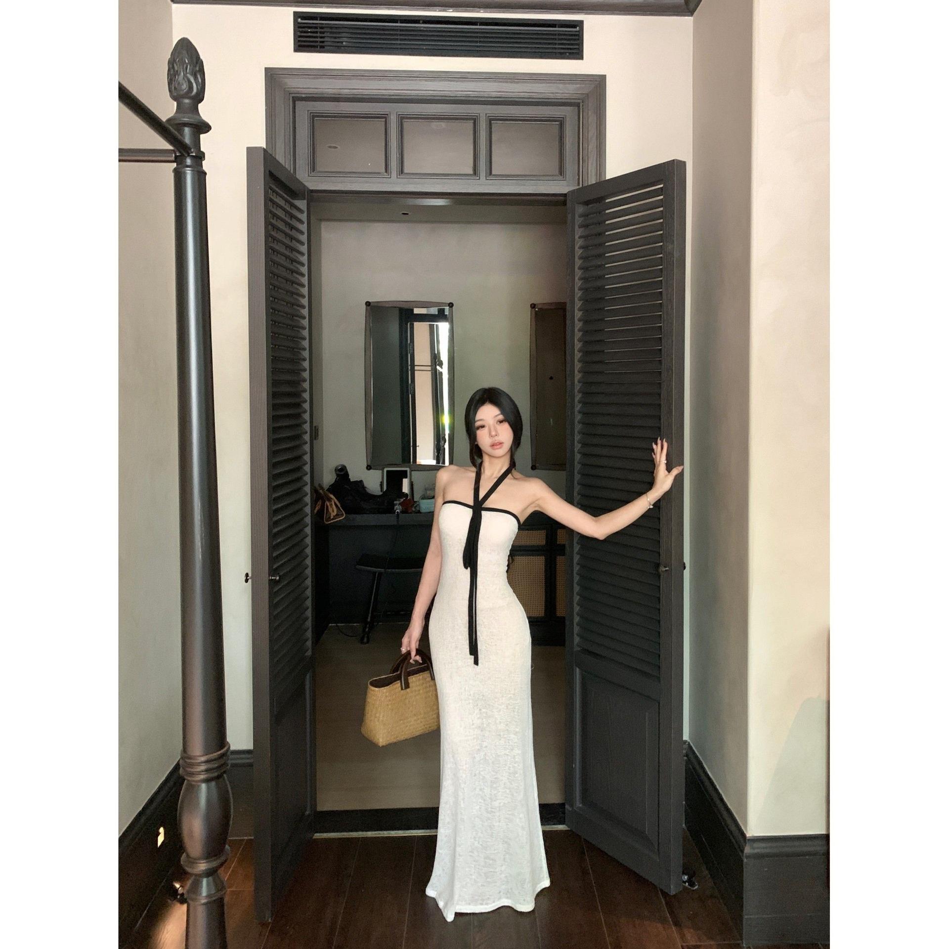 

French white seaside vacation tube top neck dress children s summer new off-the-shoulder backless temperament dress XL