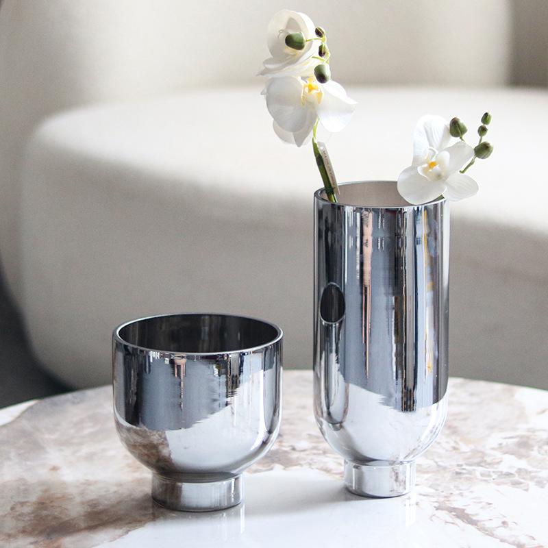 Electroplated Silver Glass Flower Vase - Modern Minimalist Tabletop Decoration for Living Room & Showroom.