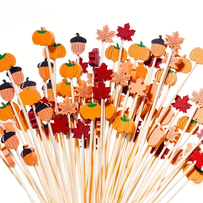 WTEMPO Elegant Fall Party Decorations Pumpkin & Maple Leaf & Acorn Designs Skewers for Thanksgiving Day Halloween Harvest Parties Festive Party