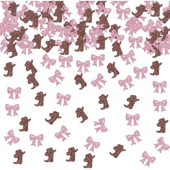 120pcs Pink & Brown Glitter Boots or Bows Confetti, Boy or Girl Gender Reveal Party Decoration, West Theme Baby Shower Confetti Paper Table Scatter