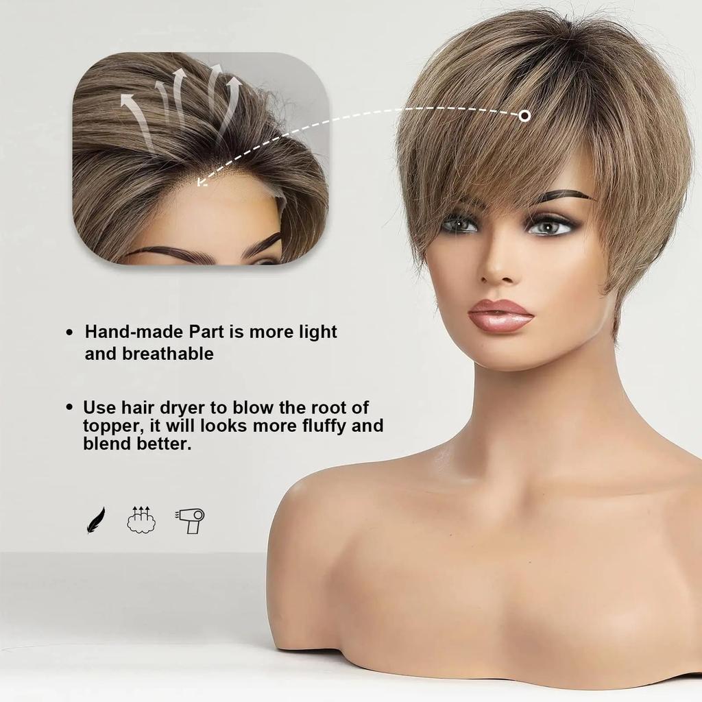 Haircube perucas dianteiras do laço ombre marrom remy cabelo humano cinza marrom pixie corte de cabelo com bang curto peruca reta para as mulheres bob peruca humana
