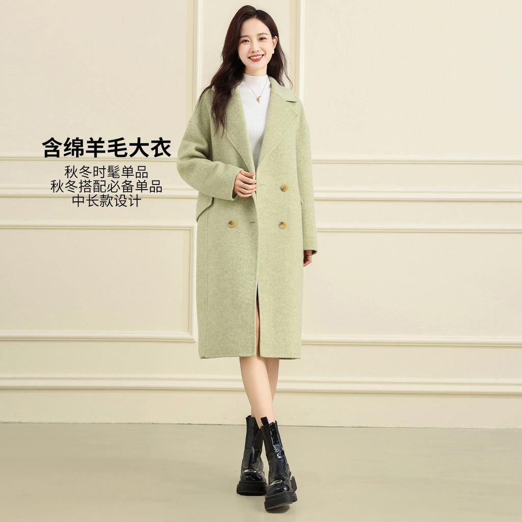 Sheep wool double breasted coat - autumn and winter loose, medium long, versatile women's coat with temperament