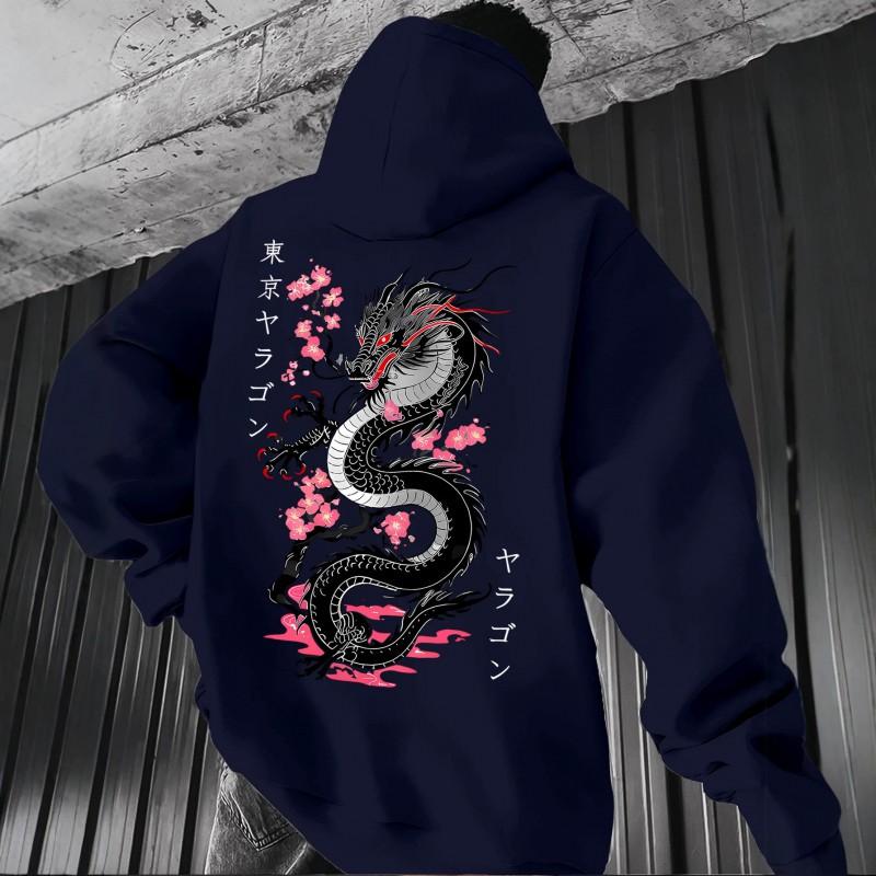 Black Dragon Cherry Blossom Print Hoodie Loose Drop Shoulder Unisex Pullover Sweatshirt Couples Winter Casual Wear