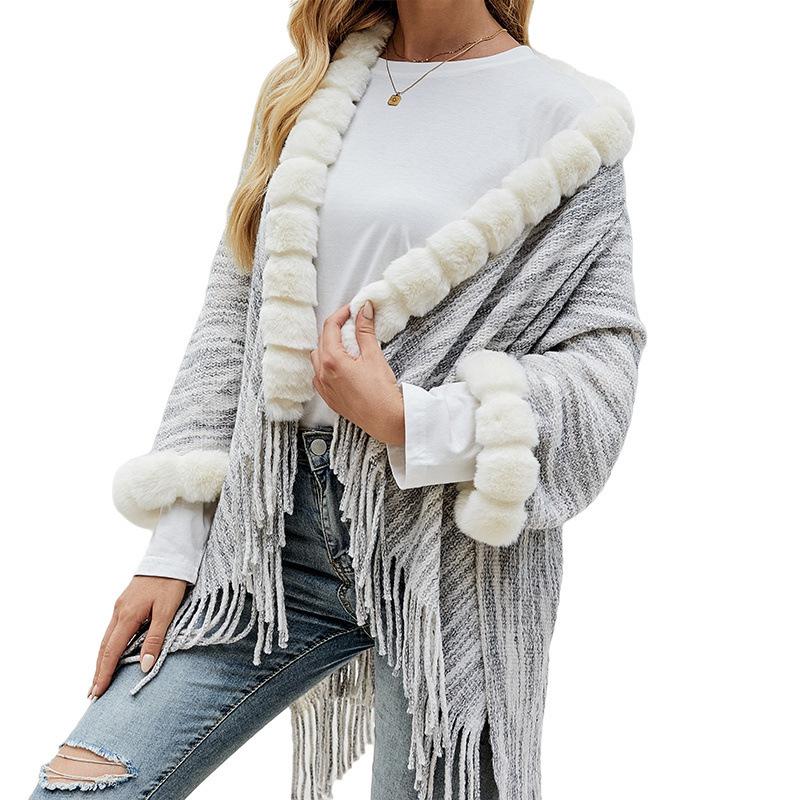 Warm Fur Collar Knitted Shawl Cardigan Cape Shawl Polyester Plus Size Women'S Shawl