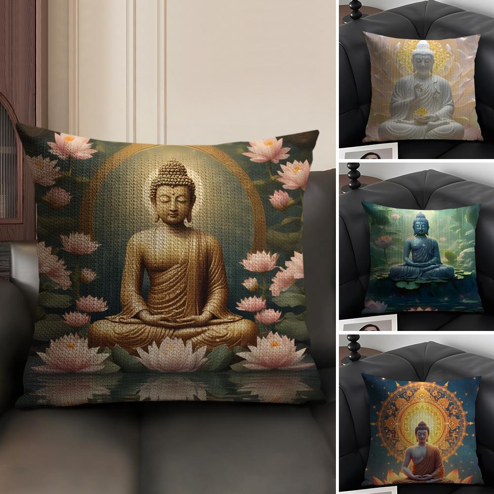 Buddha Statue And Lotus Cushion Cover Natural Linen Organic Fabric DoubleSided Printing Sofa Home Decor Gift Pillow Case