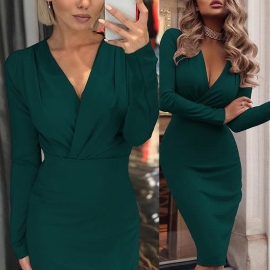 Elegante Abito Autunnale da Donna a Maniche Lunghe con Scollo a V Profondo, Pieghettato, Bodycon, Lunghezza al Ginocchio