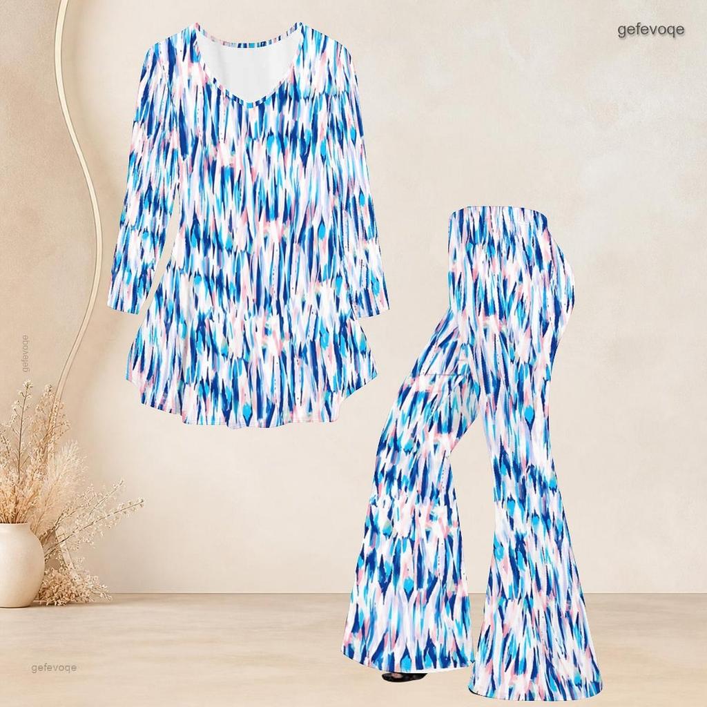Women Plus Size V Neck Three Quarter Sleeve Blue Pink White Printed Flared Top And Flared Pants Two Piece Set