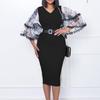 Large Size Women Summer Fashion Flare Sleeves Dress Ladies One Piece V Neck Sheath Dress with Belt