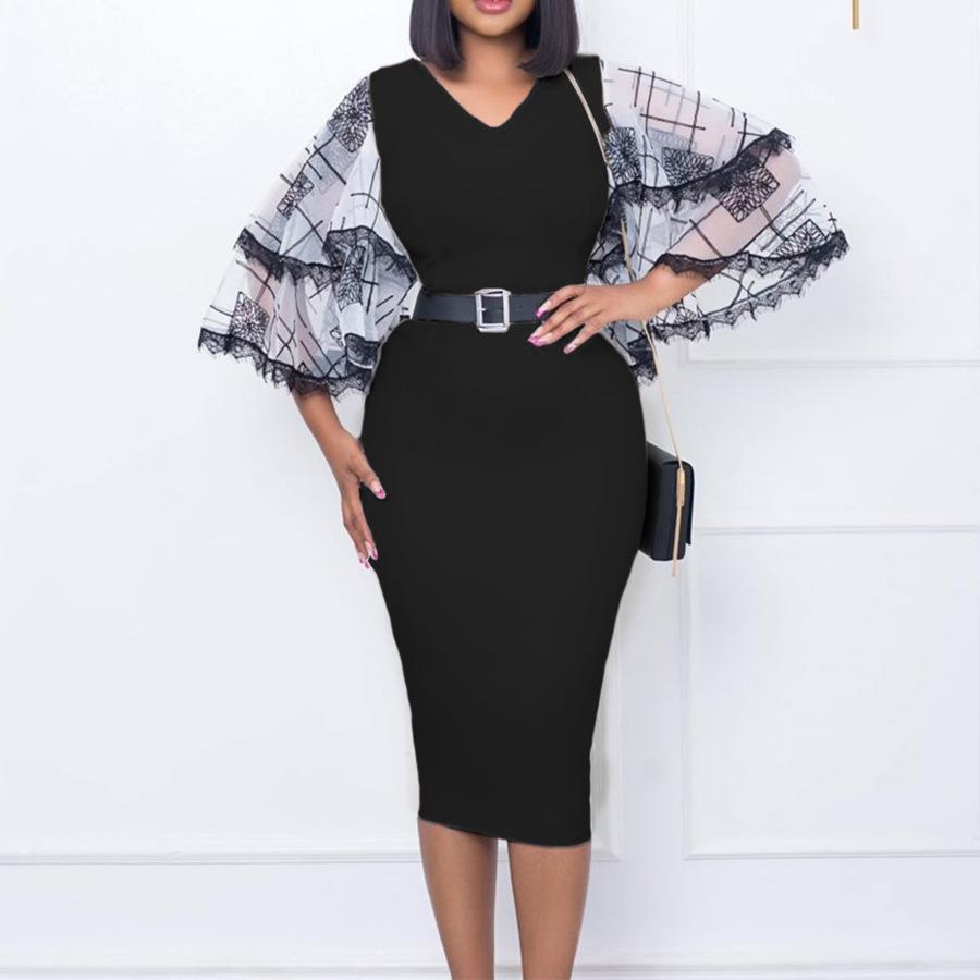 Large Size Women Summer Fashion Flare Sleeves Dress Ladies One Piece V Neck Sheath Dress with Belt