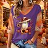 Women's V-Neck Casual Halloween Print Three-Quarter Sleeve Top for Fall Festive Occasions
