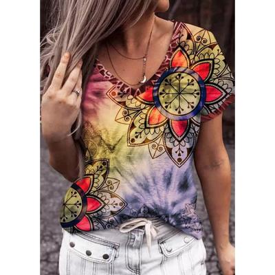 Vintage Damen 3D-Druck T-Shirt Kurzarm V-Ausschnitt Oberteile Bequeme T-Shirts