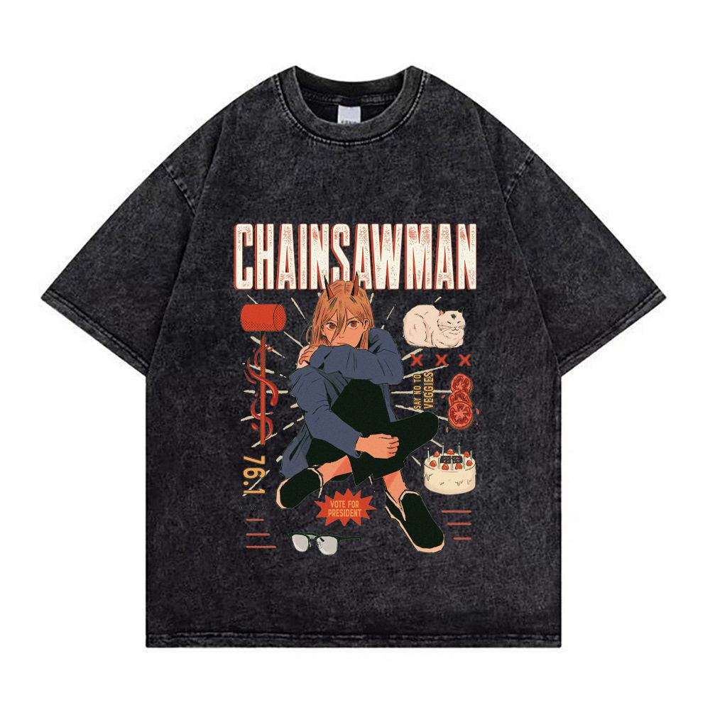 Chainsaw Man Denji Power Manga Panel Vintage Washed T Shirt  Summer Oversized Streetwear Anime Graphic Tee for Men Women