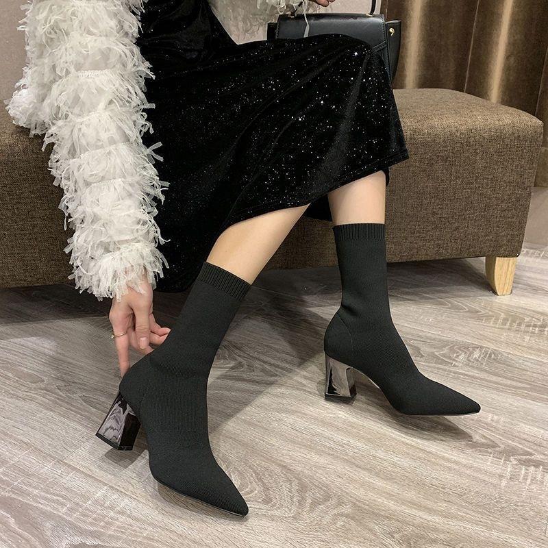 Foreign style thin boots short boots spring new pointed thick heel high heel with skirt Martin boots tide