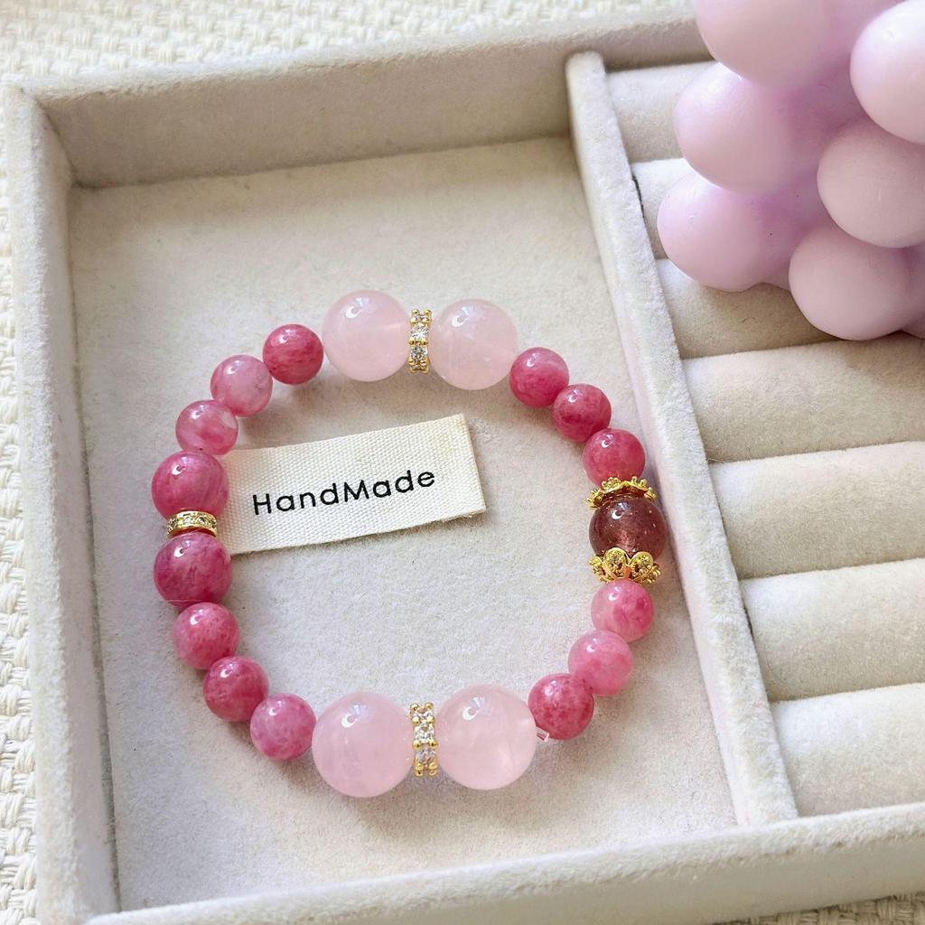 Garden Spring Colors: Red Veined Stone, Rose Cherry Blossom, Pink Crystal Strawberry Mixed Bracelet