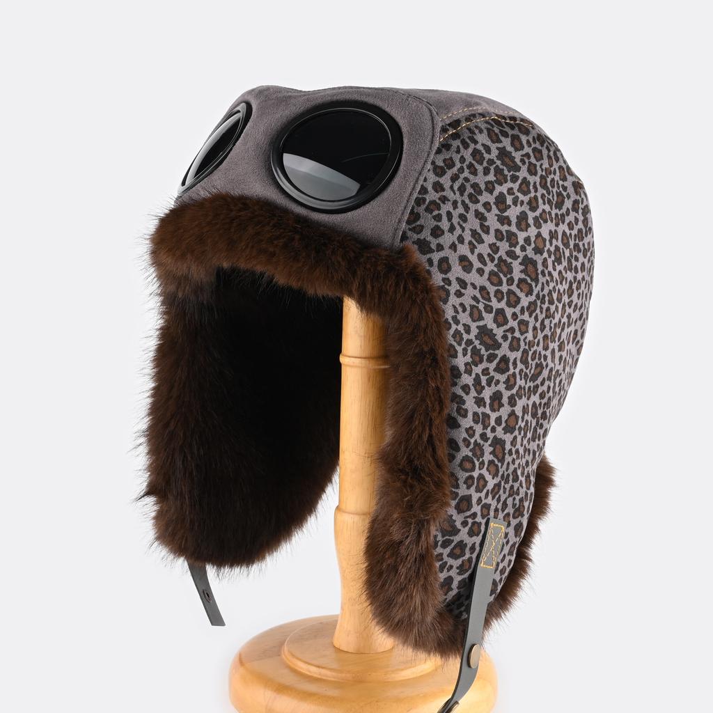 Leopard Print Goggles Cap Men and Women Winter Velvet Thickened Warm Pilot Hat Cycling Ear Protection Hat