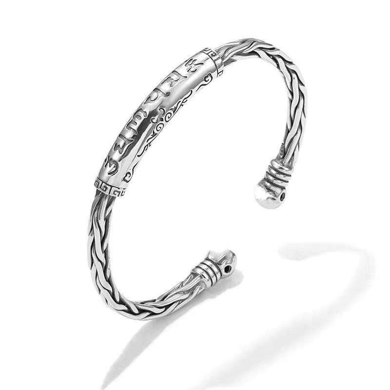 Vintage Six Character Mantra Couple Bangle Ethnic Style Twisted Copper Silver Plated Mens Bracelet