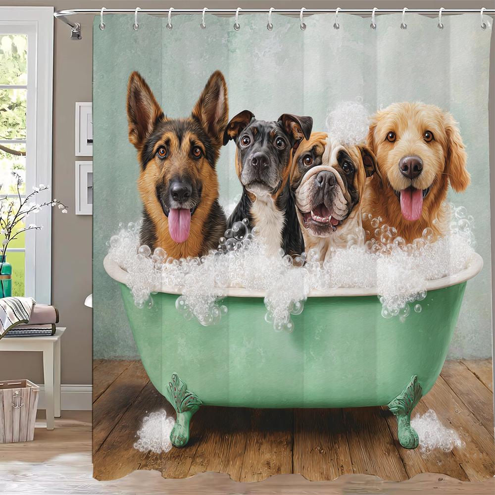 1pc Cute Cat Shower Curtain,Modern Printed Cartoon Animal Dog Bathroom Curtain,Home Polyester Decoration Curtain With Hooks