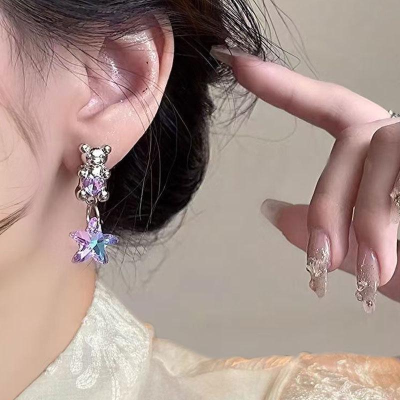 Cercei Colorati Stea de Cristal si Urs Inima Gradient cu Ac de Argint 925 pentru Femei - Stil Coreean
