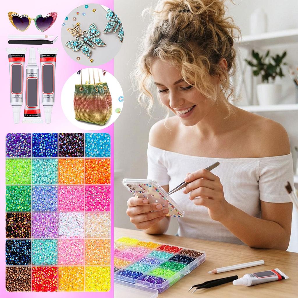3 Flaskor med 10 ml Lim 40 Färger av Resin Bländande, 3 mm 32000 Stycken För Tillverkning, Bländande Kit med 3 Stycken Lim För Kläder Skor Konstbok Konst