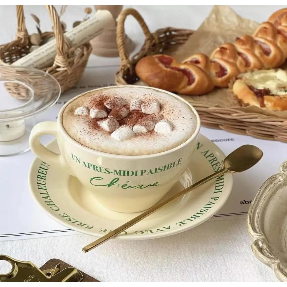 Korean Instagram's Same Retro French Cream Colored Coffee Cup and Plate Breakfast Cup Ceramic Dining Plate 350ml