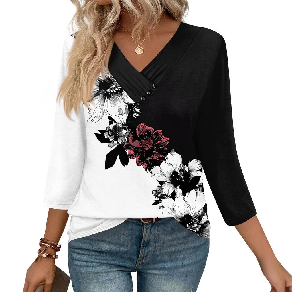 Women's Print Top Button-down V-neck T-shirt 3/4 Sleeve Loose Fashion Top