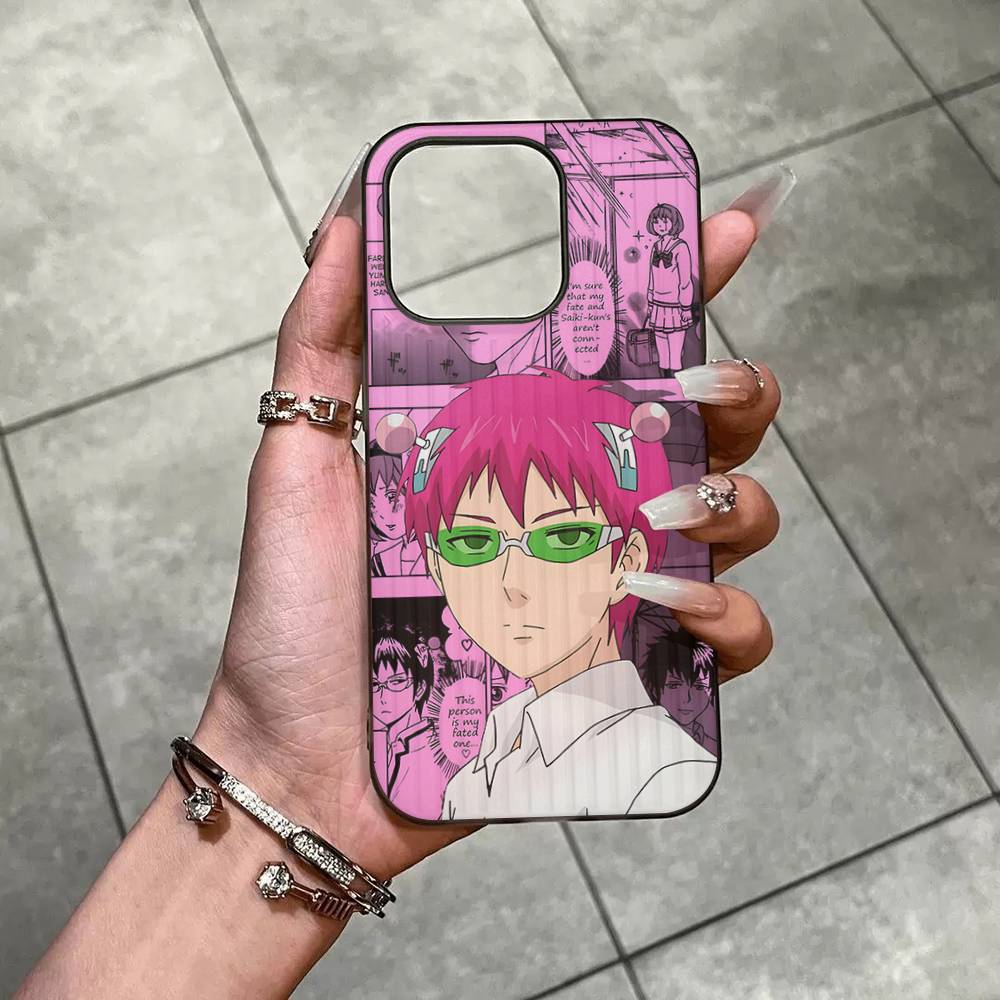 Cute Kitty Boy Saiki Kusuo Corrugated Stripe Phone Case For IPhone 17 16 15 14 13 12 11 Pro Max Plus Pro Shockproof Cover