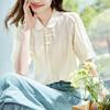 Summer Women Short Sleeve Apricot Embroidered Shirt Chinese Style Pure Cotton Button Top