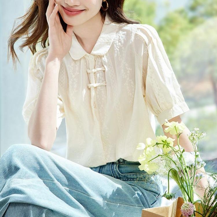 Summer Women Short Sleeve Apricot Embroidered Shirt Chinese Style Pure Cotton Button Top