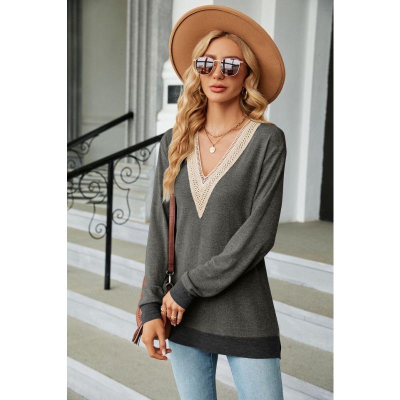 Autumn and Winter Lace V-neck Contrasting Contrasting Slit Loose Long-sleeved T-shirt Tops for Women