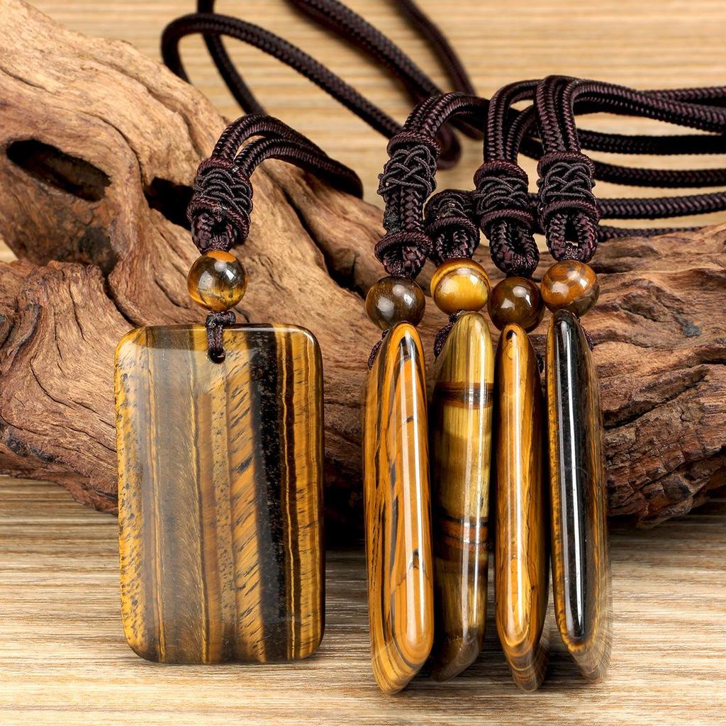 Unisex Retro Tiger's Eye Pendant Necklace - High-End Natural Stone Woven Chain Jewelry