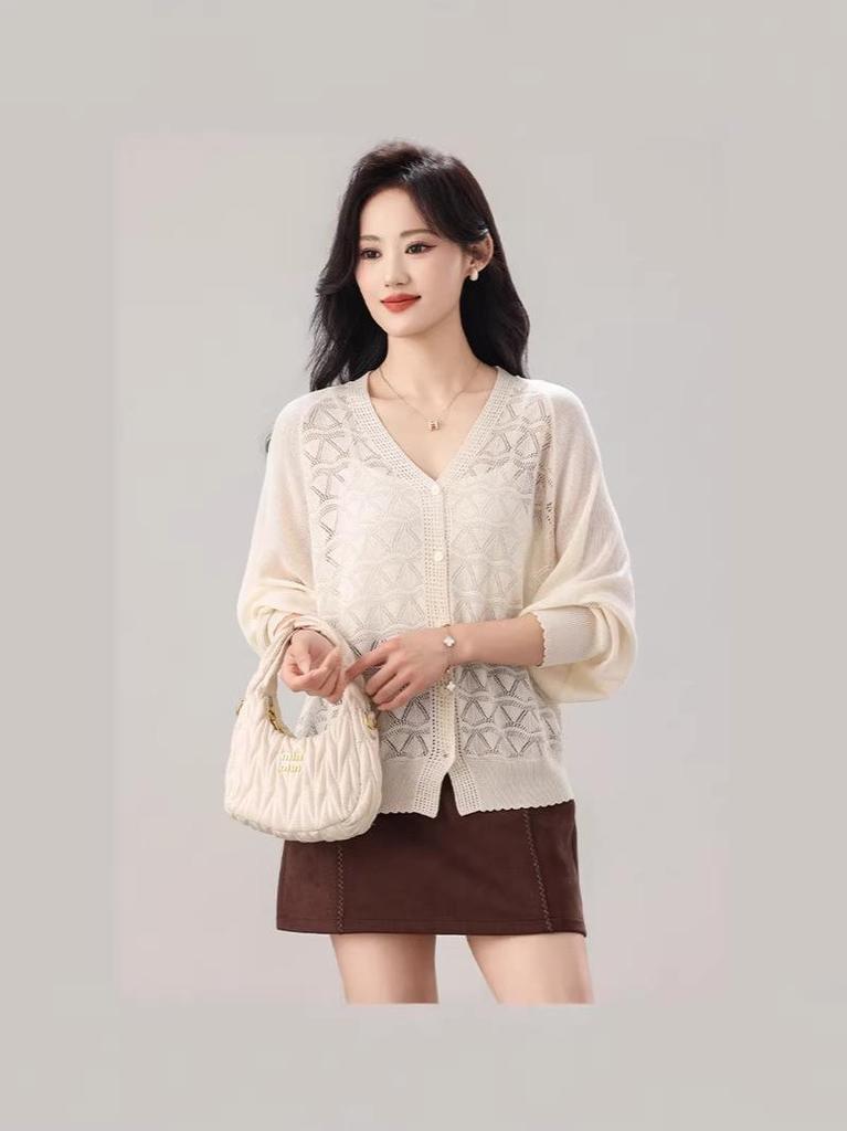 2026 Plus Size Women's Knit Cardigan: Tencel, Hollow Out, Single-Breasted, Solid Color, Korean Style for Spring & Autumn