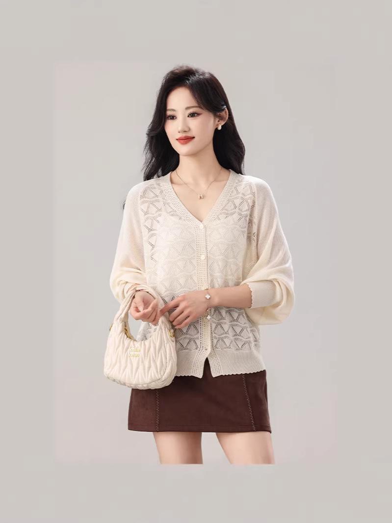 

2026 Plus Size Women s Knit Cardigan: Tencel, Hollow Out, Single-Breasted, Solid Color, Korean Style for Spring & Autumn One Size абрикосовый