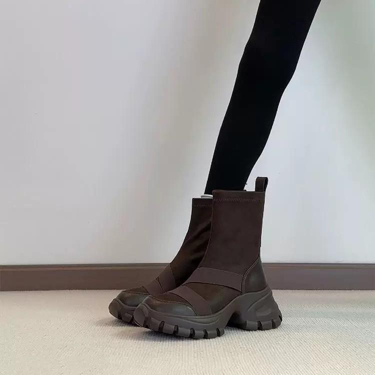 Elastic Boots 2026 Spring and Autumn Round Toe Retro Patchwork Sports Short Boots for Women To Look Slim and Versatile Sock Boot