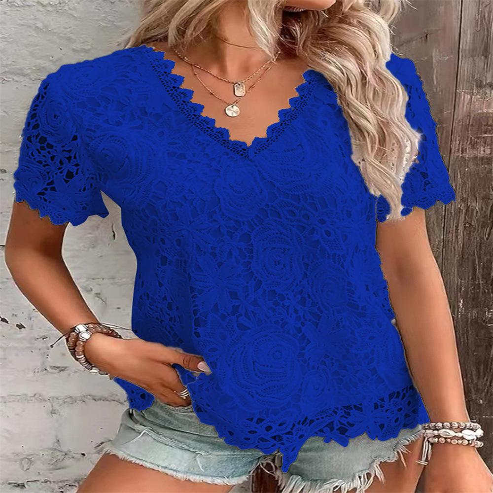 

Retro Summer Lace Loose Women T Shirt Casual Solid White Elegant Patchwork Tee Pullover V-Neck Top Lady Fashion Streetwear 5XL синій