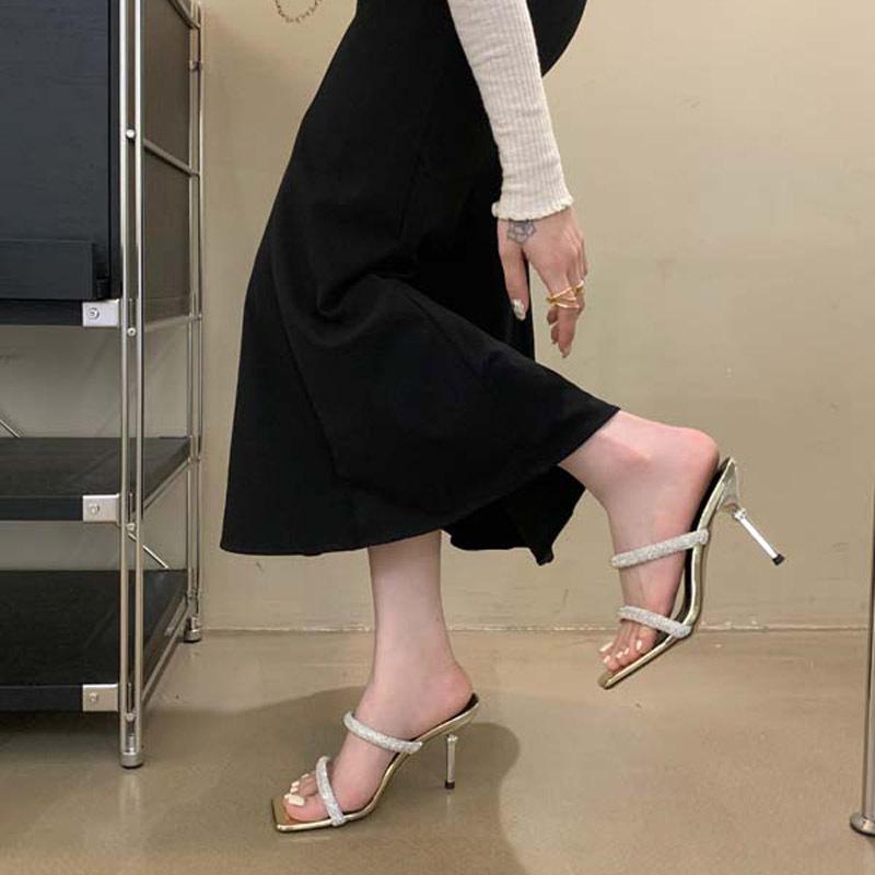 High-heeled slippers women's 2025 summer new thin strap square head rhinestone women's shoes fashion trend wear one-word slippers