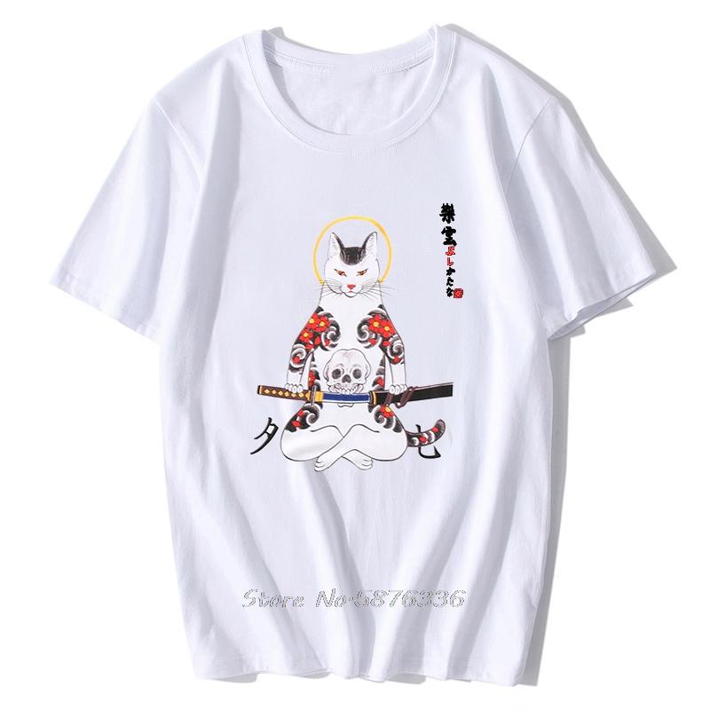 Streetwear Japan Style Ukiyo E Funny Samurai Cat Anime TShirt Mens Short Sleeve Cotton T-shirt Hip Hop Tees